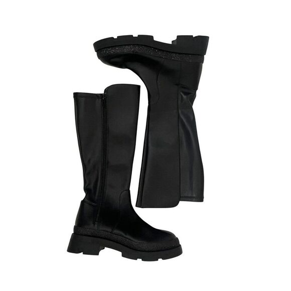 NEW Steve Madden Girls Black Platform Lug Sole Knee High Boots Sz 2 Wednesday - Picture 1 of 11